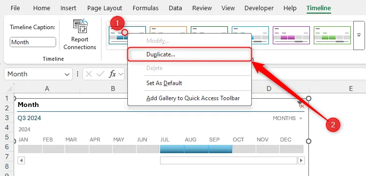 Một kiểu Timeline trong Excel được chọn bằng chuột phải, tùy chọn Duplicate được tô sáng để tạo kiểu tùy chỉnh