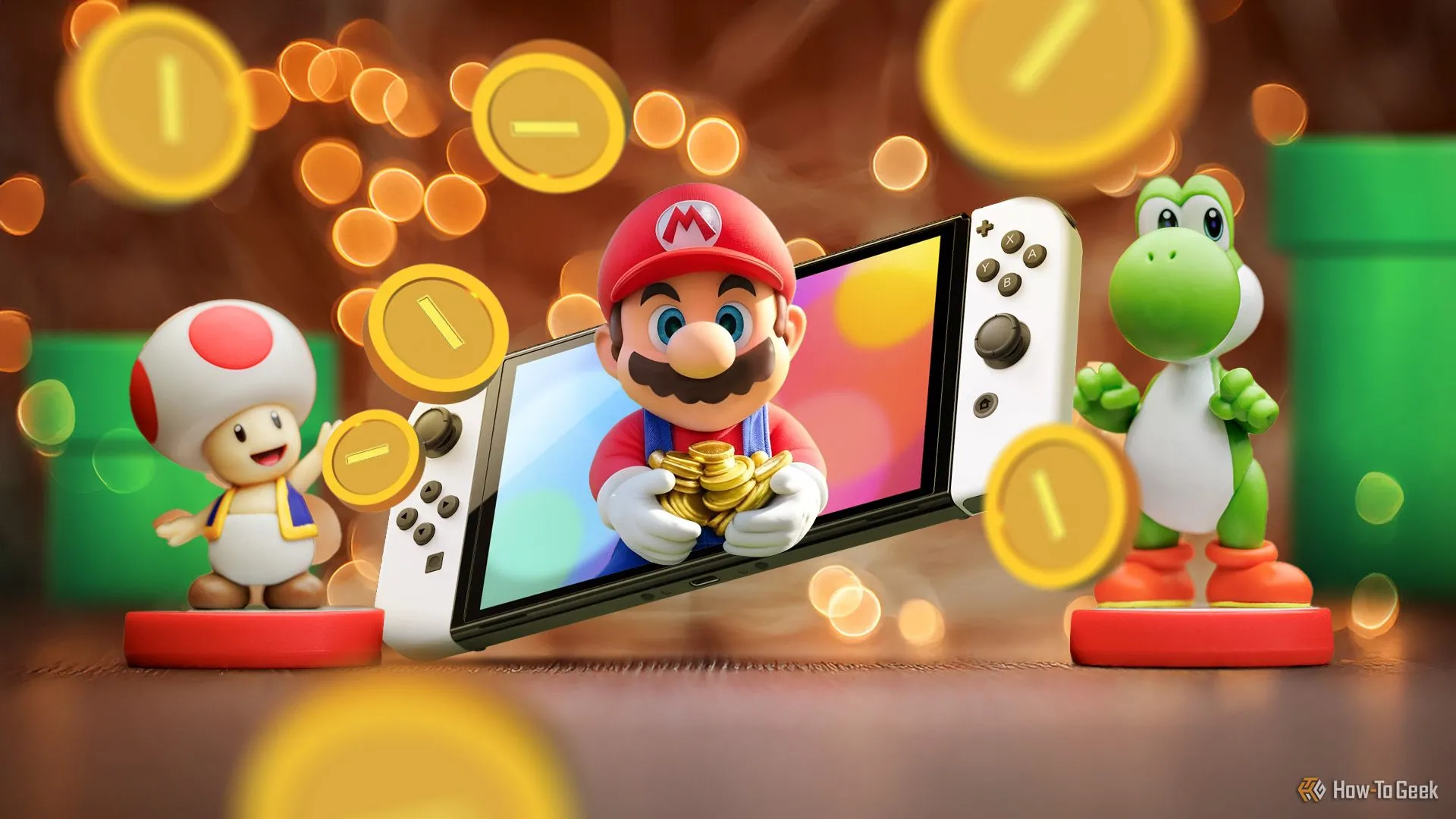 Một máy Nintendo Switch với Super Mario trên màn hình cầm một số đồng xu, Toad và Yoshi bên cạnh anh ấy, và một số đồng xu xung quanh.