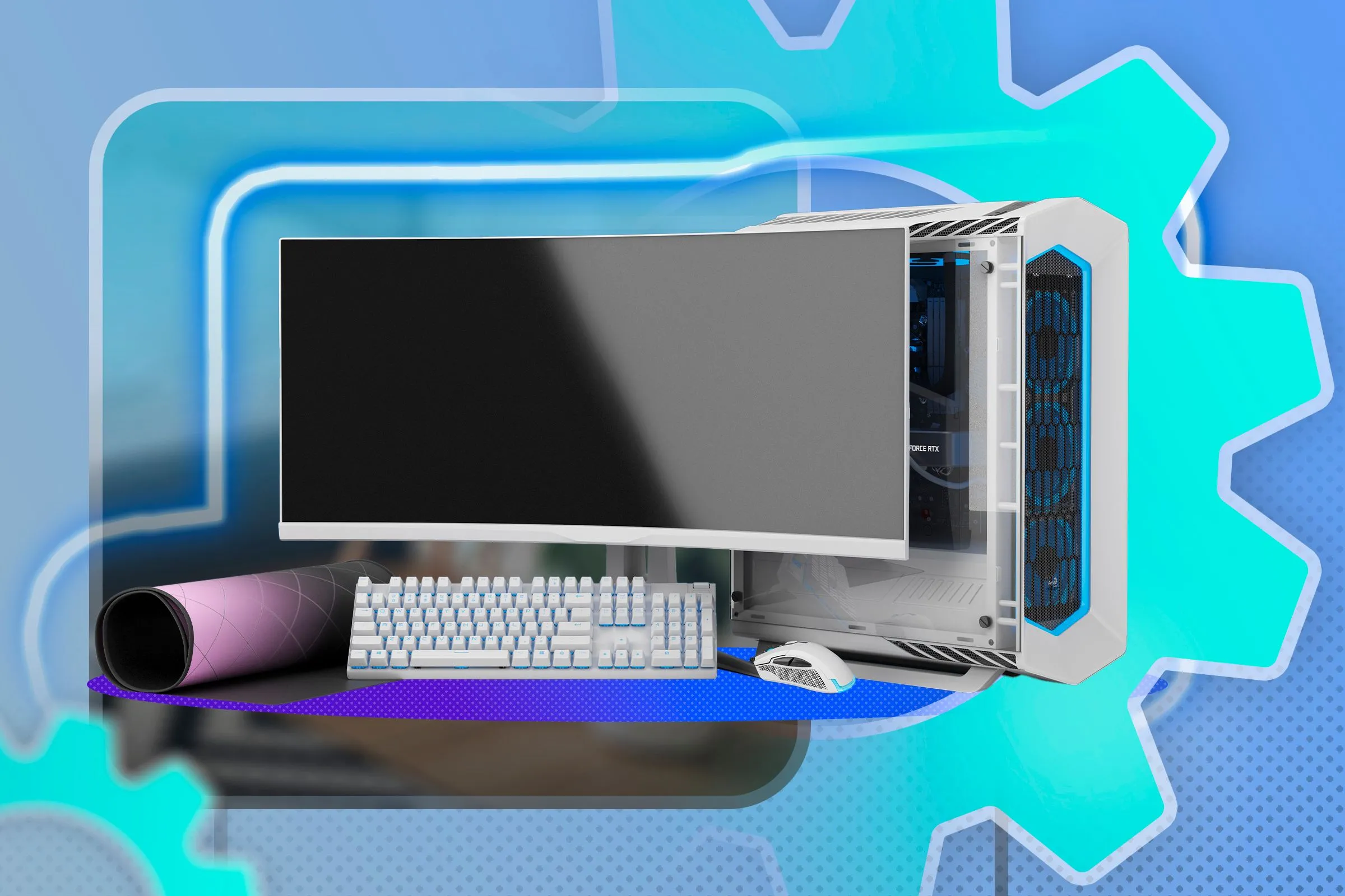 Một máy tính PC với màn hình, bàn phím, chuột và bàn di chuột gần đó cùng biểu tượng bánh răng.