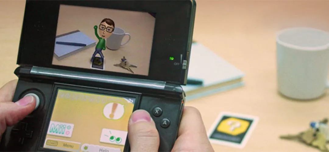 Một nhân vật Mii tạo dáng trong AR Games trên Nintendo 3DS, thể hiện tính năng thực tế tăng cường của máy