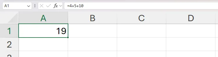 Một phép tính cộng đơn giản trong Excel, với thanh công thức hiển thị phép tính đã được thực hiện và ô A1 hiển thị kết quả.