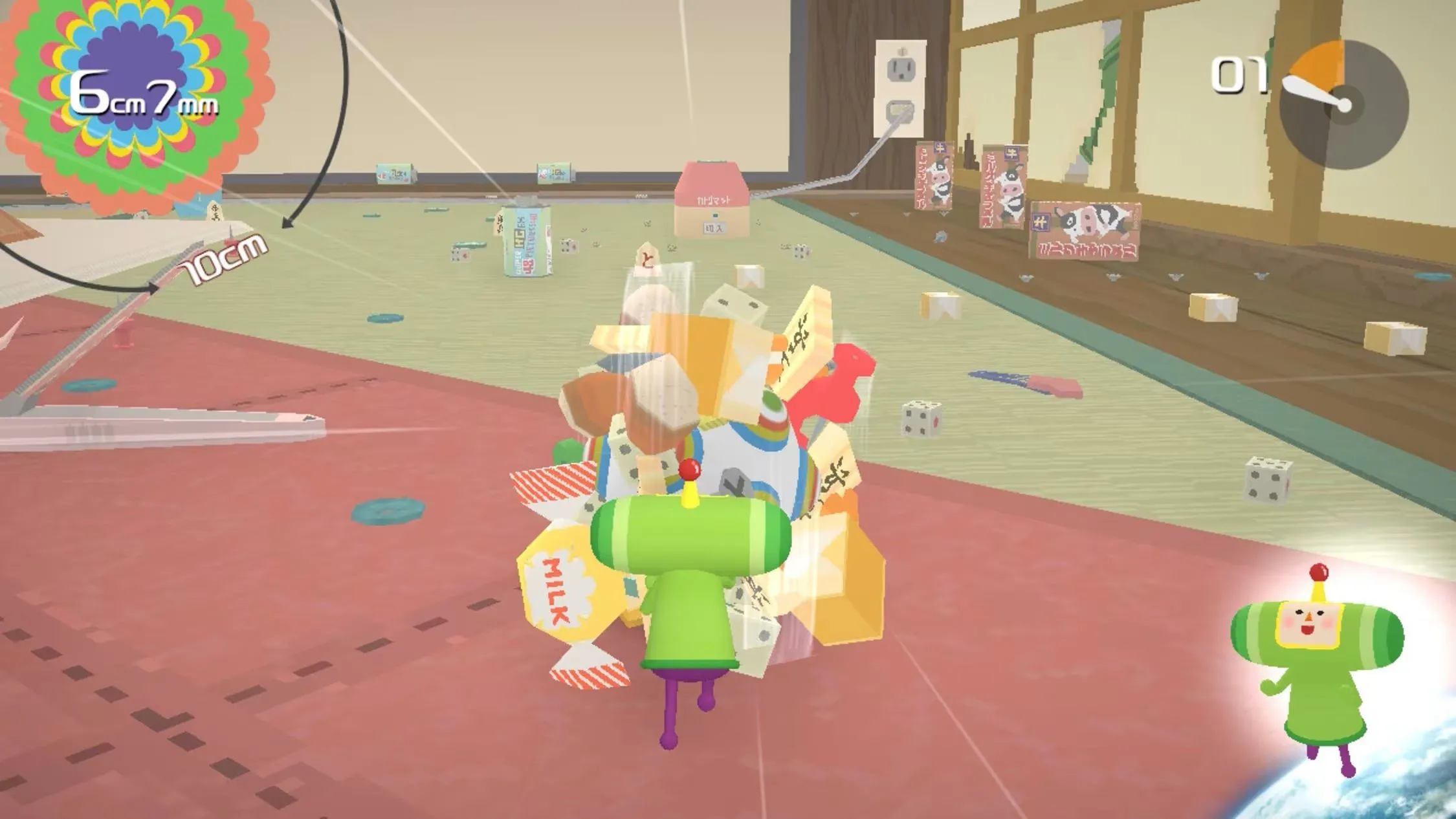 Một quả bóng khổng lồ chứa đầy đồ vật đang lăn trong trò chơi Katamari Damacy REROLL.