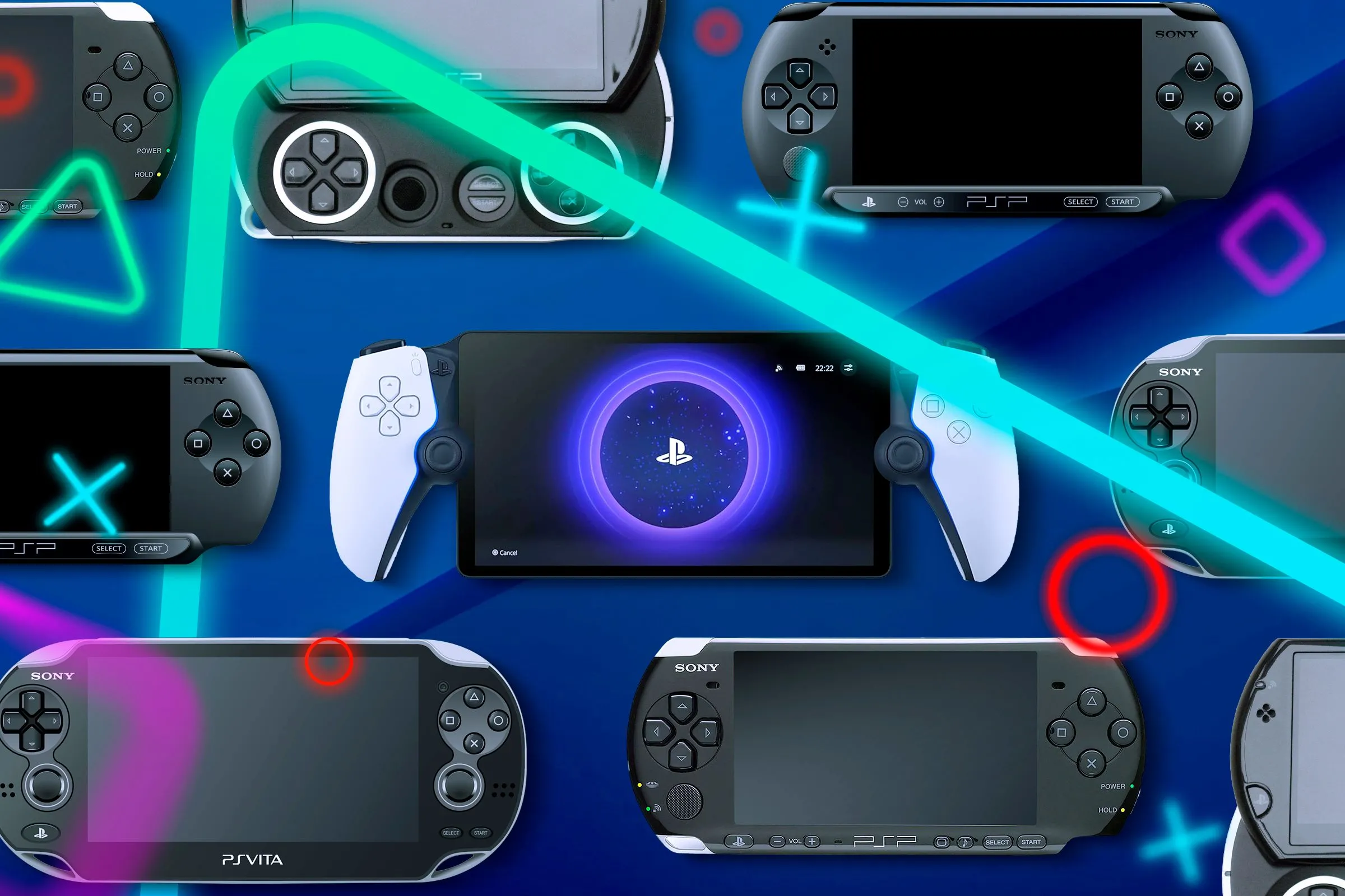 Một số máy chơi game cầm tay của Sony đặt cạnh nhau.