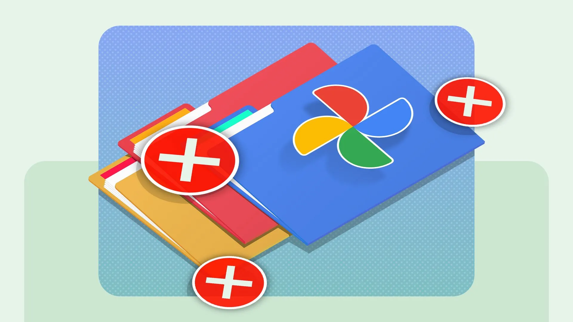 Một số thư mục tài liệu với logo Google Photos phía trên và các dấu X xung quanh, minh họa quá trình chuyển dữ liệu khỏi Google Photos.