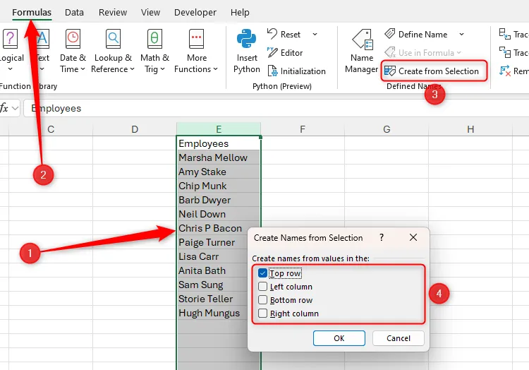 Một vùng dữ liệu Excel được chọn, tùy chọn &quot;Top Row&quot; được kích hoạt trong hộp thoại Create From Selection để đặt tên
