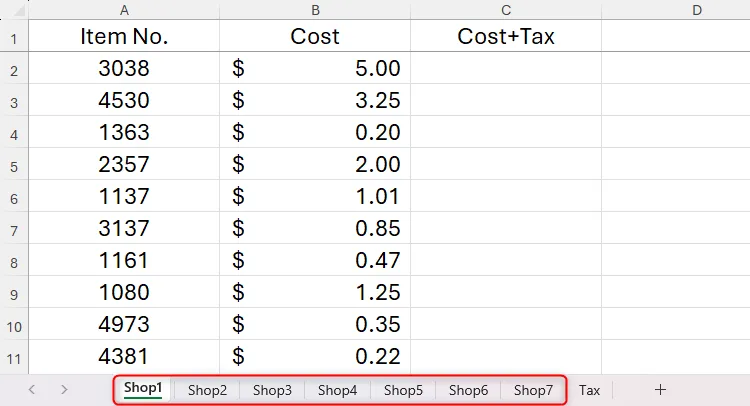 Một workbook Excel chứa nhiều worksheet riêng biệt, mỗi sheet đại diện cho dữ liệu sản phẩm của một cửa hàng