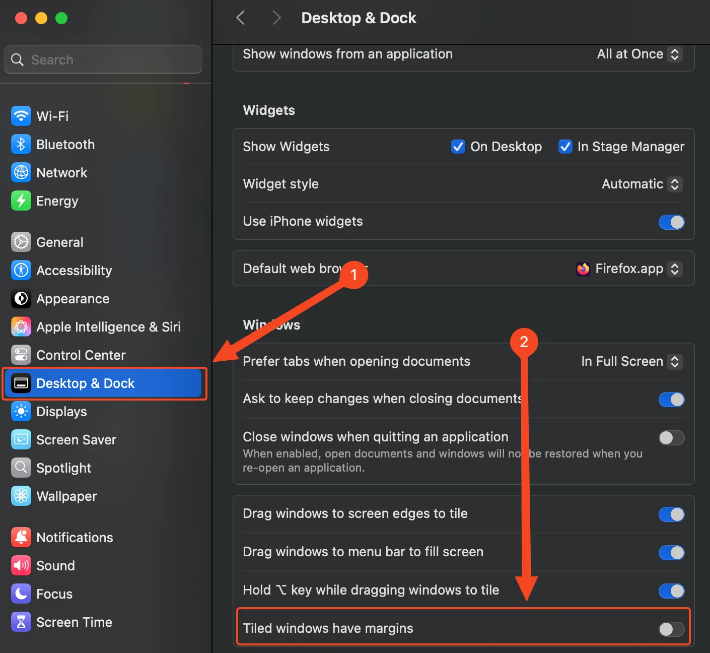 Mục &quot;Màn hình nền &amp; Dock&quot; trong cài đặt hệ thống macOS, nơi có thể tắt tùy chọn lề cửa sổ.