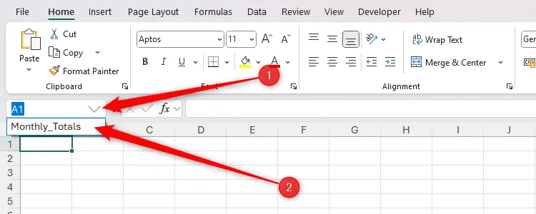 Mũi tên xuống trong Name Box của Excel được chọn, hiển thị tên vùng &quot;Monthly_Totals&quot; để điều hướng