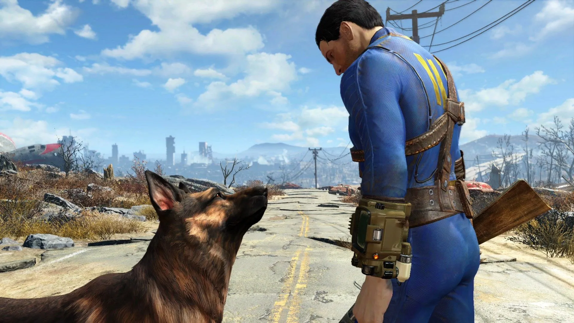 Nate và Dogmeat trên con đường trong Fallout 4, tựa game từng gặp khó khăn với chính sách mod của Sony trên PlayStation