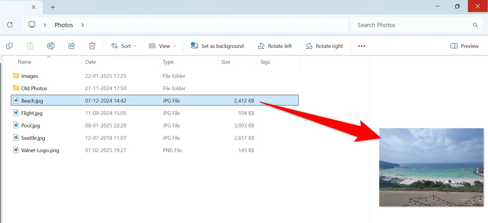 Ngăn xem trước (Preview Pane) hiển thị nội dung file trong File Explorer Windows 11