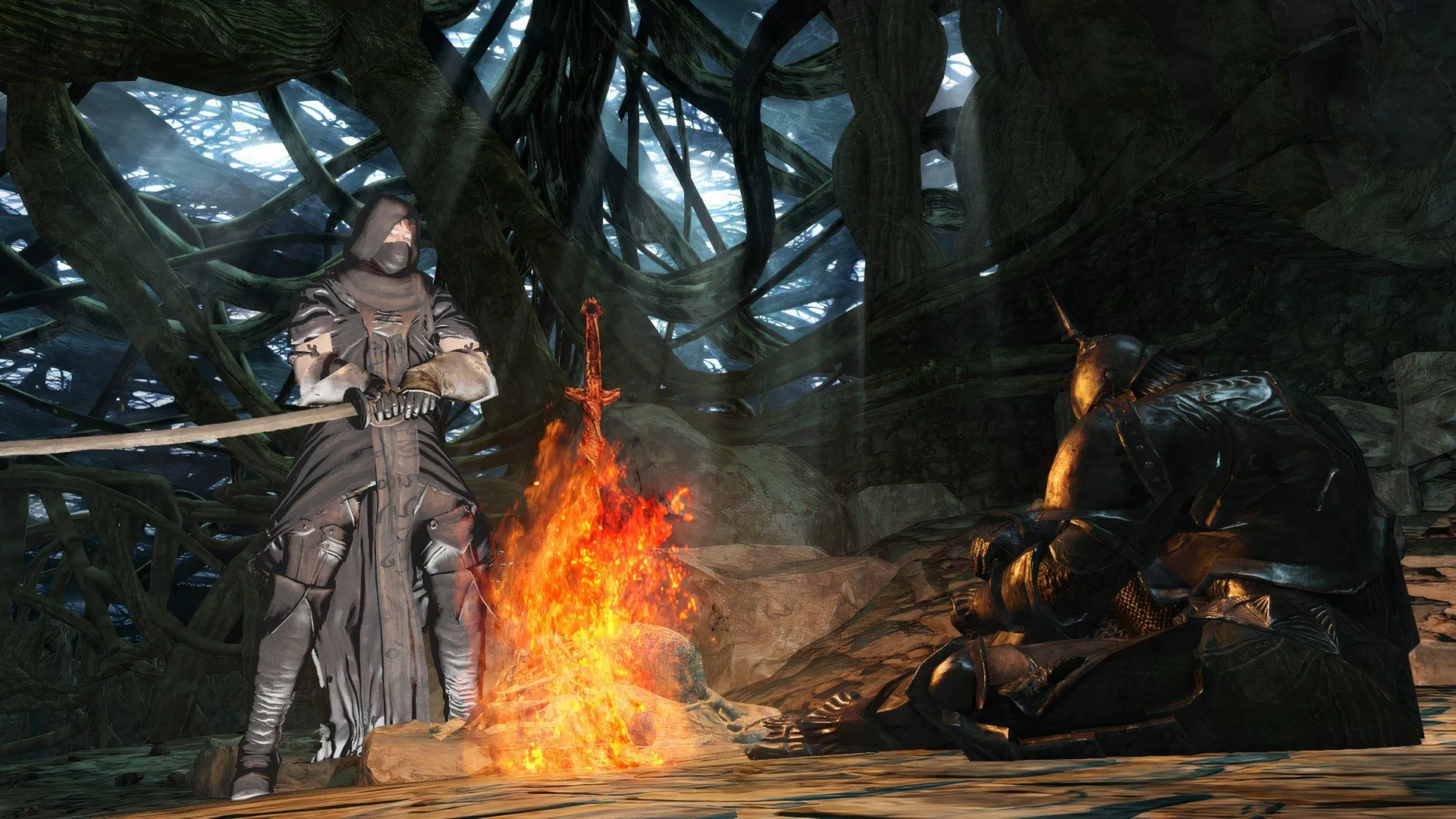 Nghỉ ngơi tại Bonfire trong Dark Souls 2, nơi game thủ tìm thấy sự an toàn tạm thời giữa một thế giới với cốt truyện game đầy thách thức và chu kỳ luân hồi.