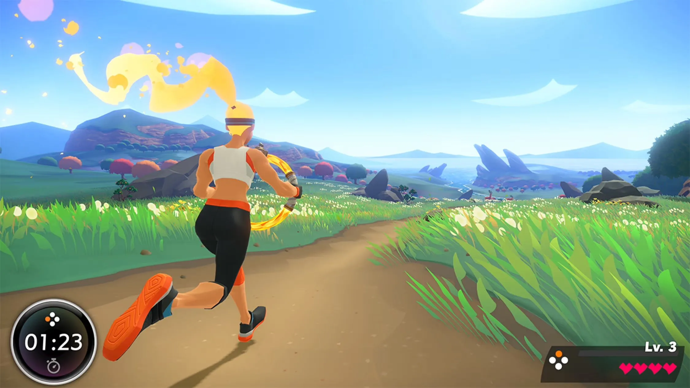 Người chơi chạy bộ trong môi trường game Ring Fit Adventure