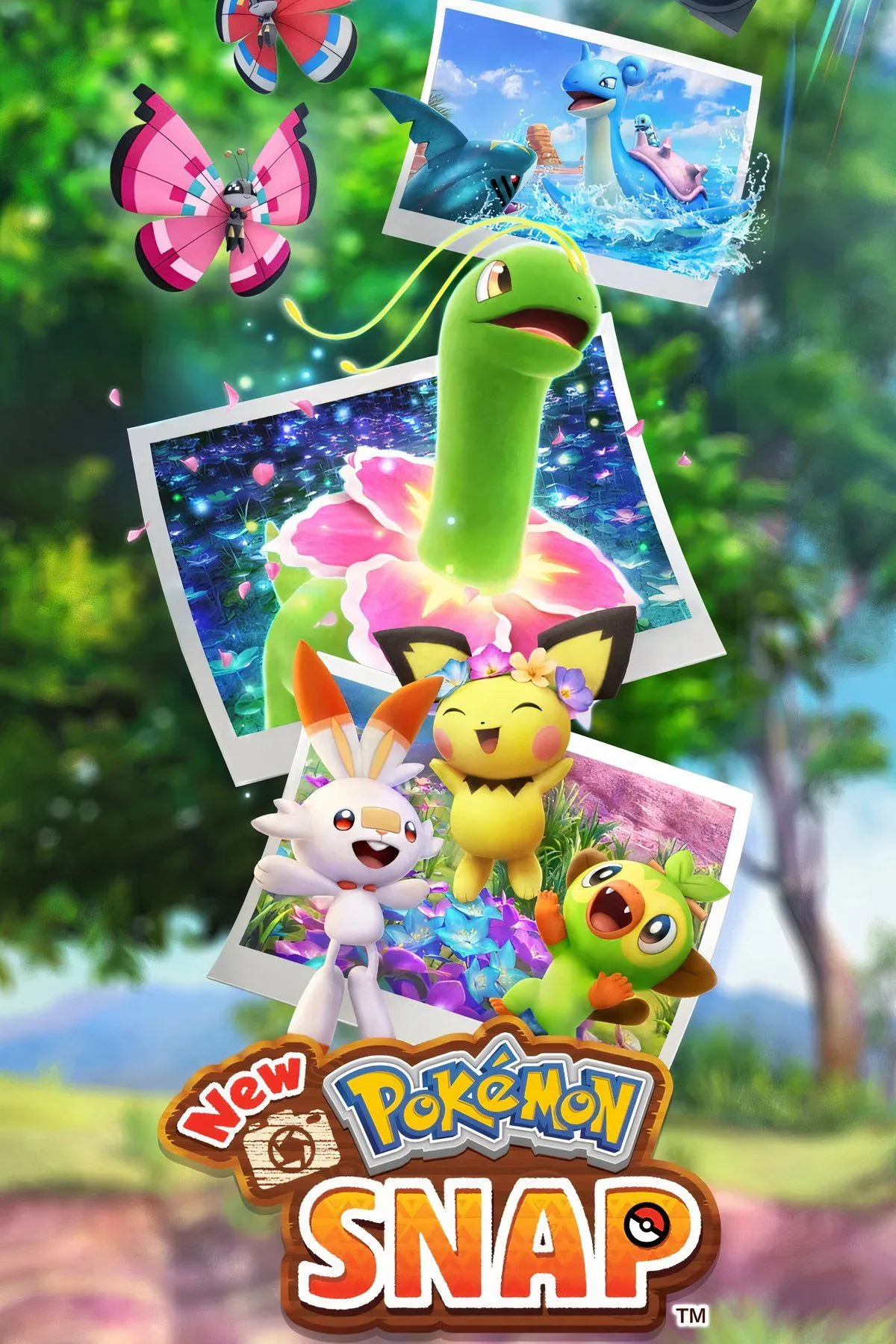 Người chơi đang chụp ảnh Pokémon Lapras và Blastoise trong game New Pokémon Snap trên Nintendo Switch.