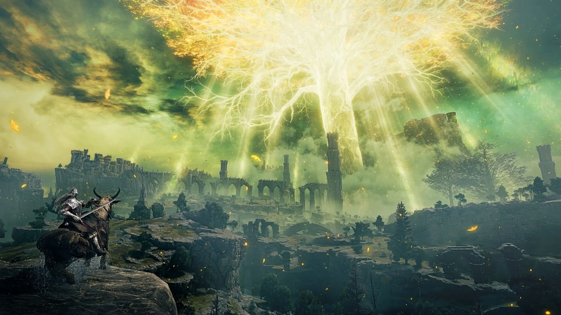 Người chơi đang nhìn ngắm cây lớn Erdtree trong thế giới Elden Ring, bối cảnh của một lore game đầy bí ẩn và cần khám phá.