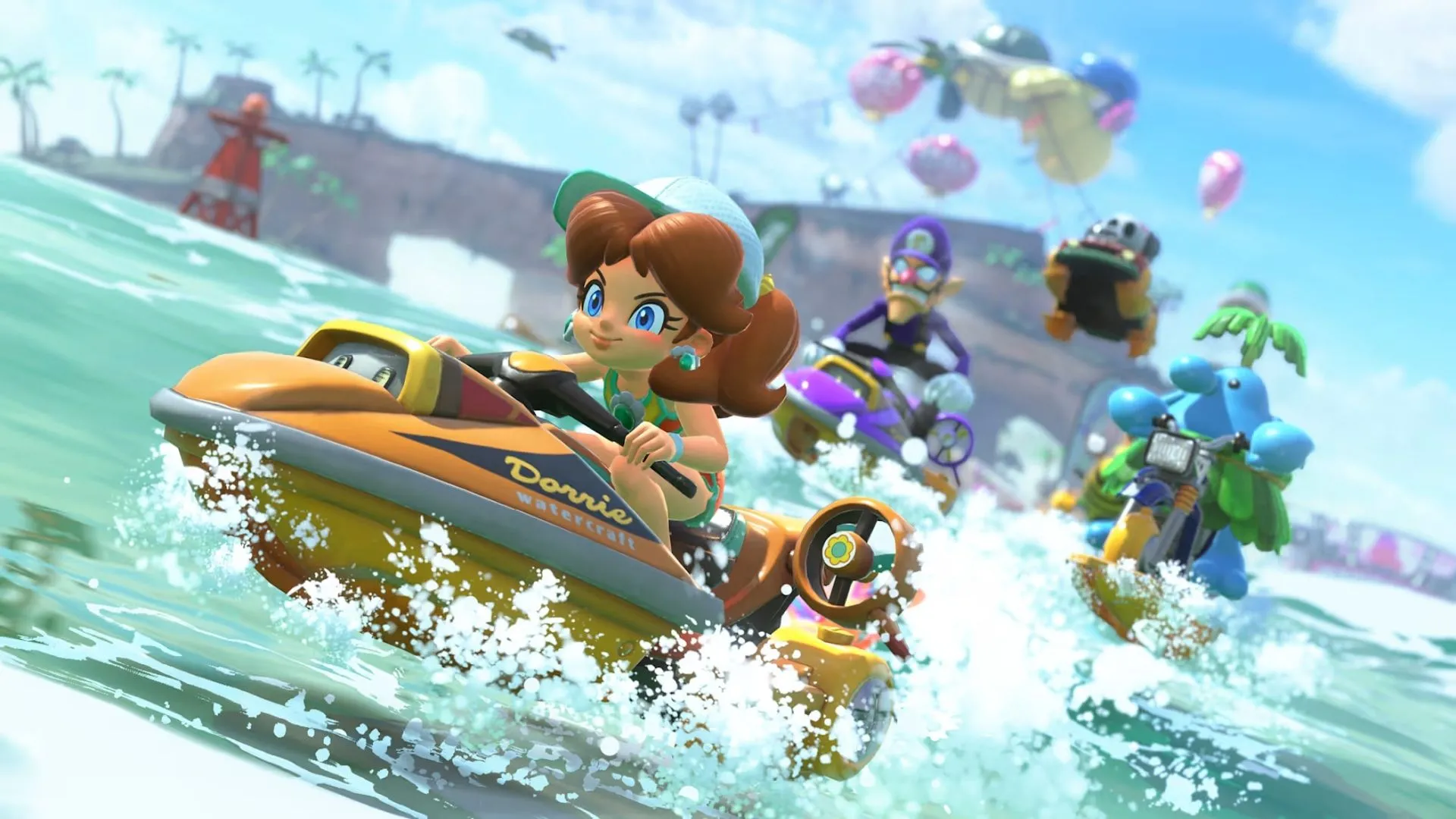 Người chơi đang sử dụng vật phẩm để tấn công đối thủ trong Mario Kart World.