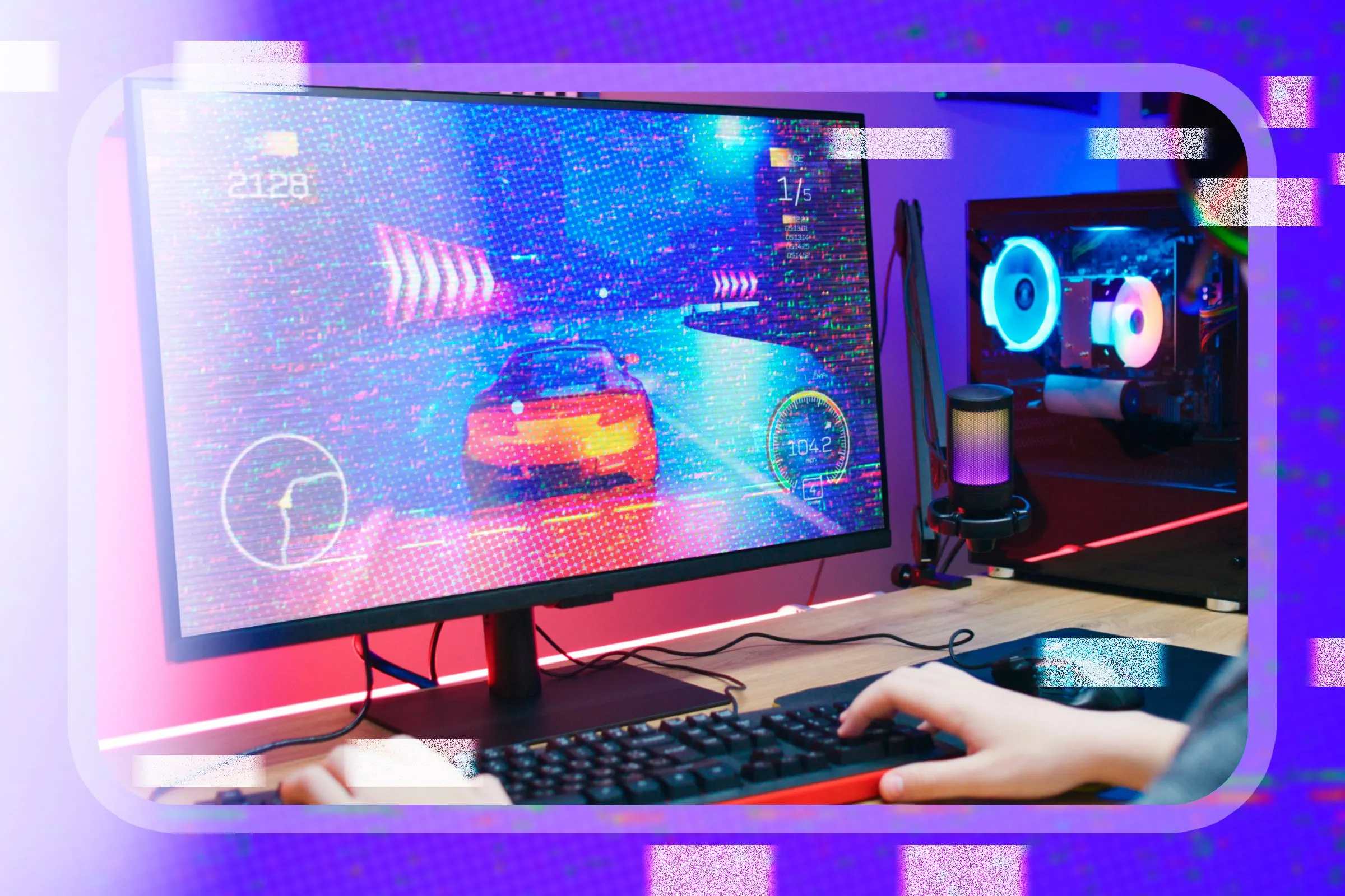 Người chơi đang trải nghiệm game đua xe trên laptop, màn hình có hiện tượng nhấp nháy, có thể do VRR.