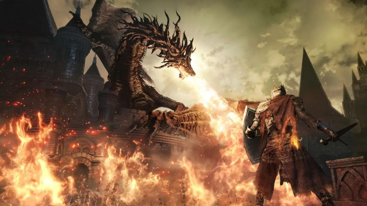 Người chơi Dark Souls 3 chiến đấu với rồng, minh họa lối chơi đặc trưng của thể loại Soulslike.