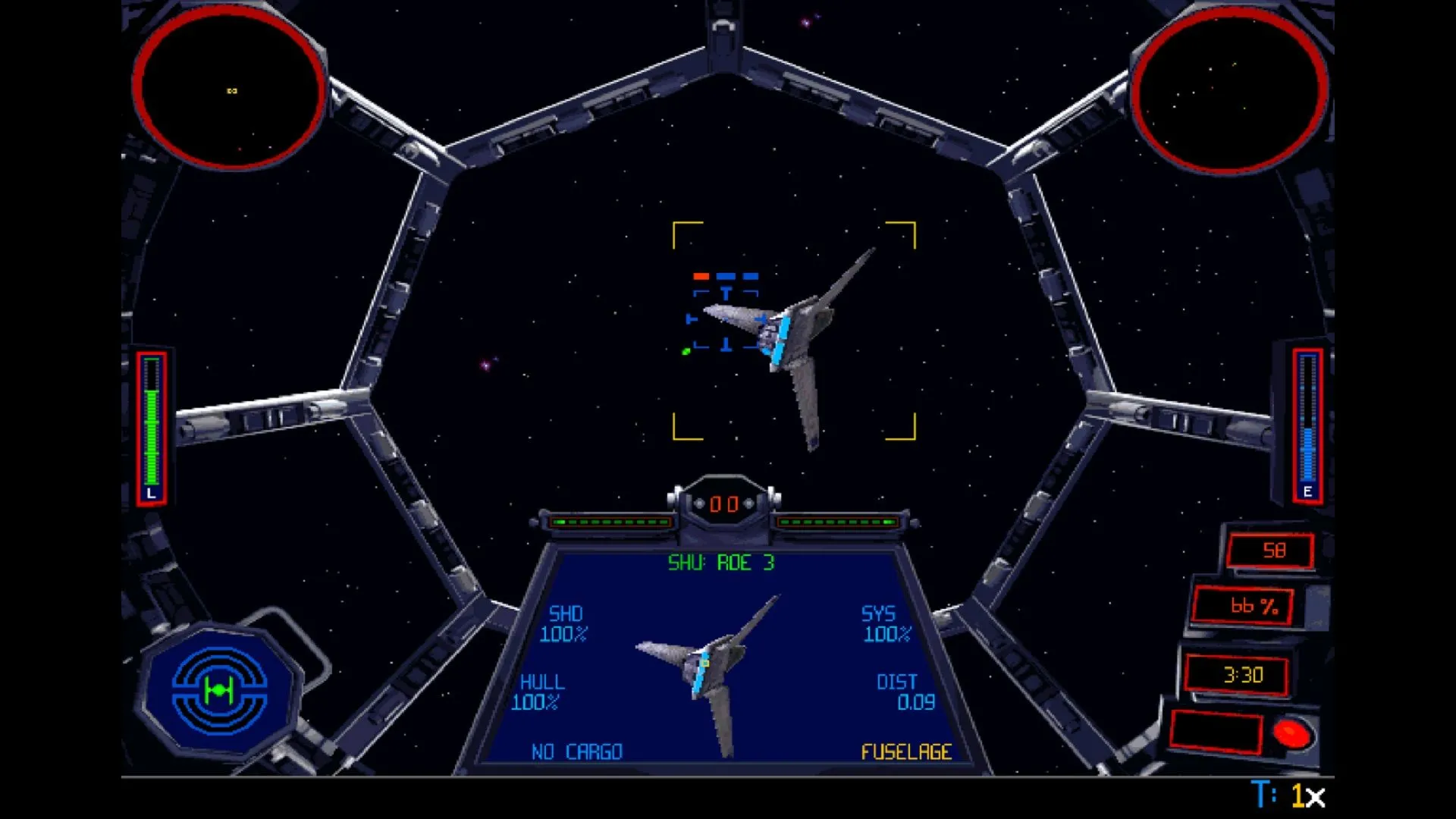 Người chơi điều khiển phi thuyền TIE Defender trong Star Wars: TIE Fighter, một trong những game giả lập bay Star Wars ấn tượng nhất.