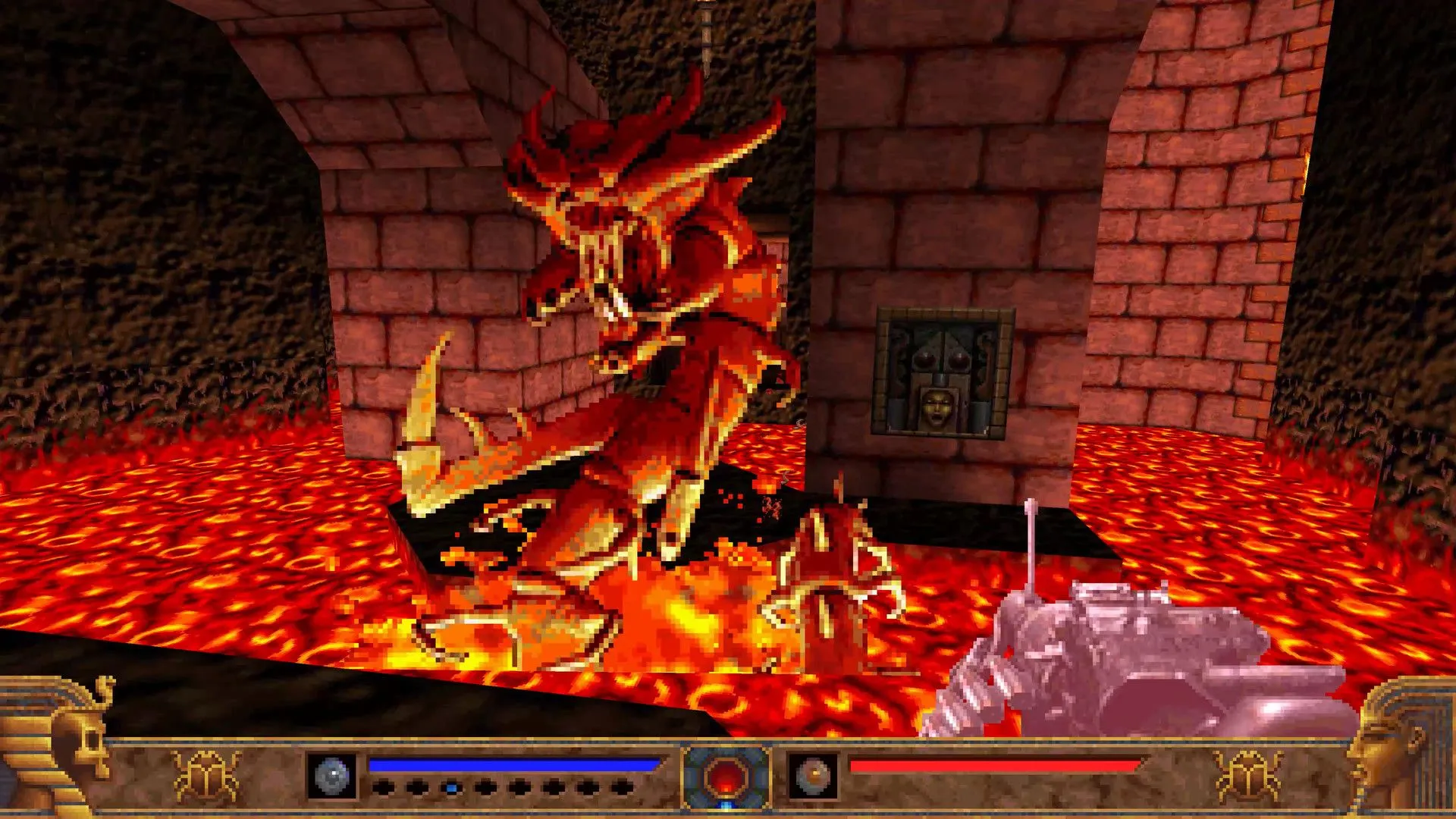 Người chơi khám phá môi trường Ai Cập cổ đại trong tựa game Powerslave Exhumed, một bản remaster FPS