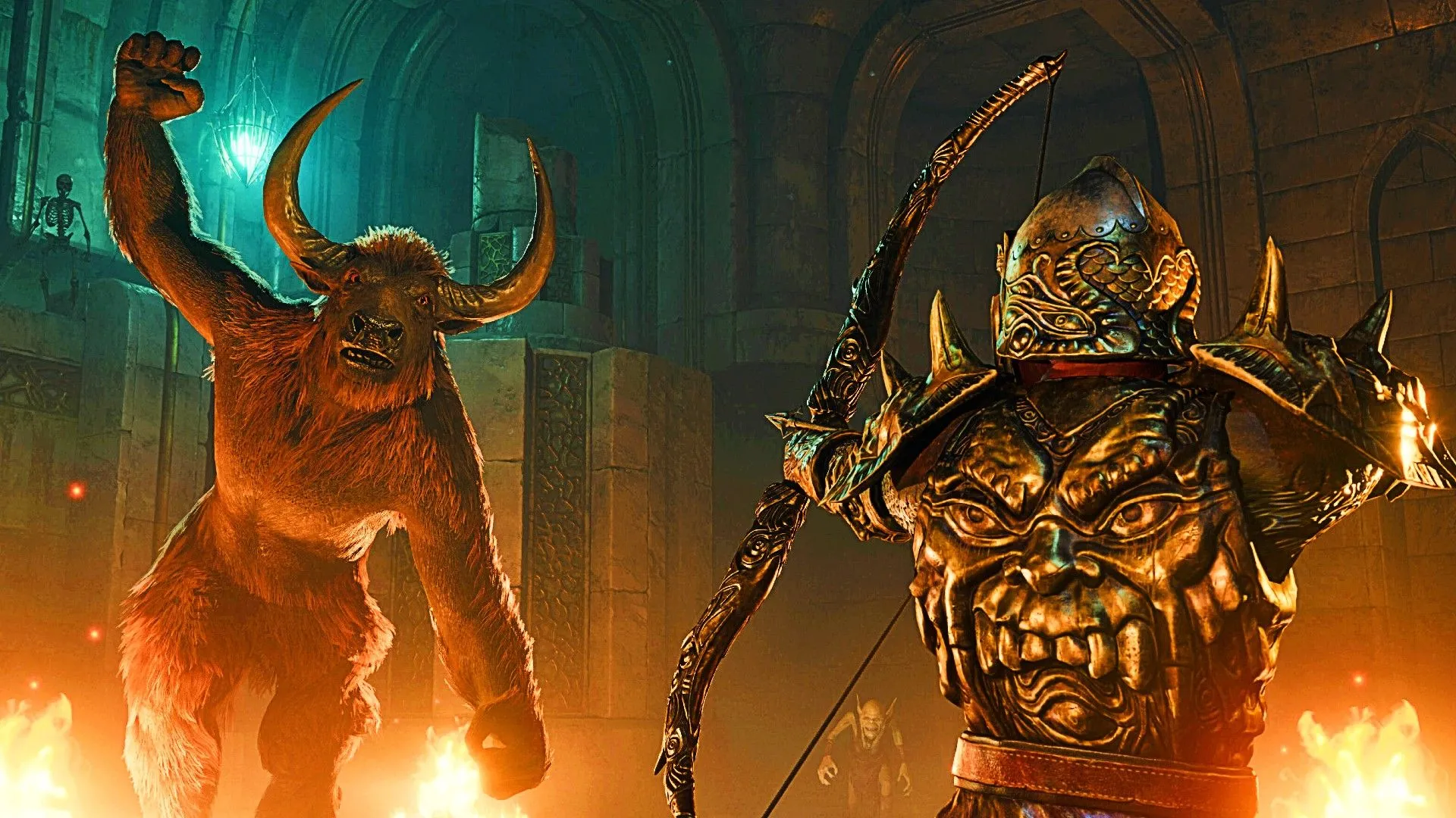 Người chơi mặc giáp tấn công Minotaur trong một cảnh chiến đấu đầy kịch tính của Oblivion Remastered
