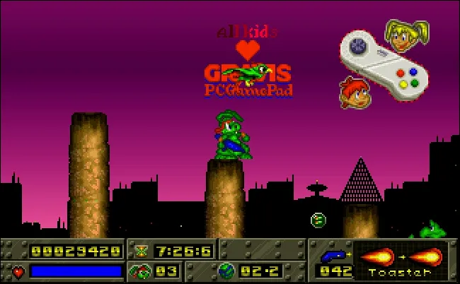 Người chơi sử dụng Gravis PC Gamepad để điều khiển nhân vật Jazz Jackrabbit trong tựa game cổ điển.