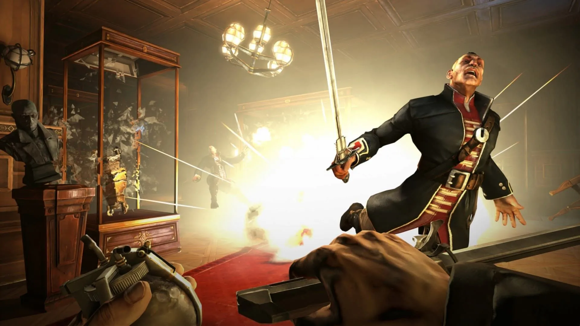 Người chơi trong Dishonored quan sát một vụ nổ, minh họa lối chơi tự do và tương tác môi trường đặc trưng của immersive sim.