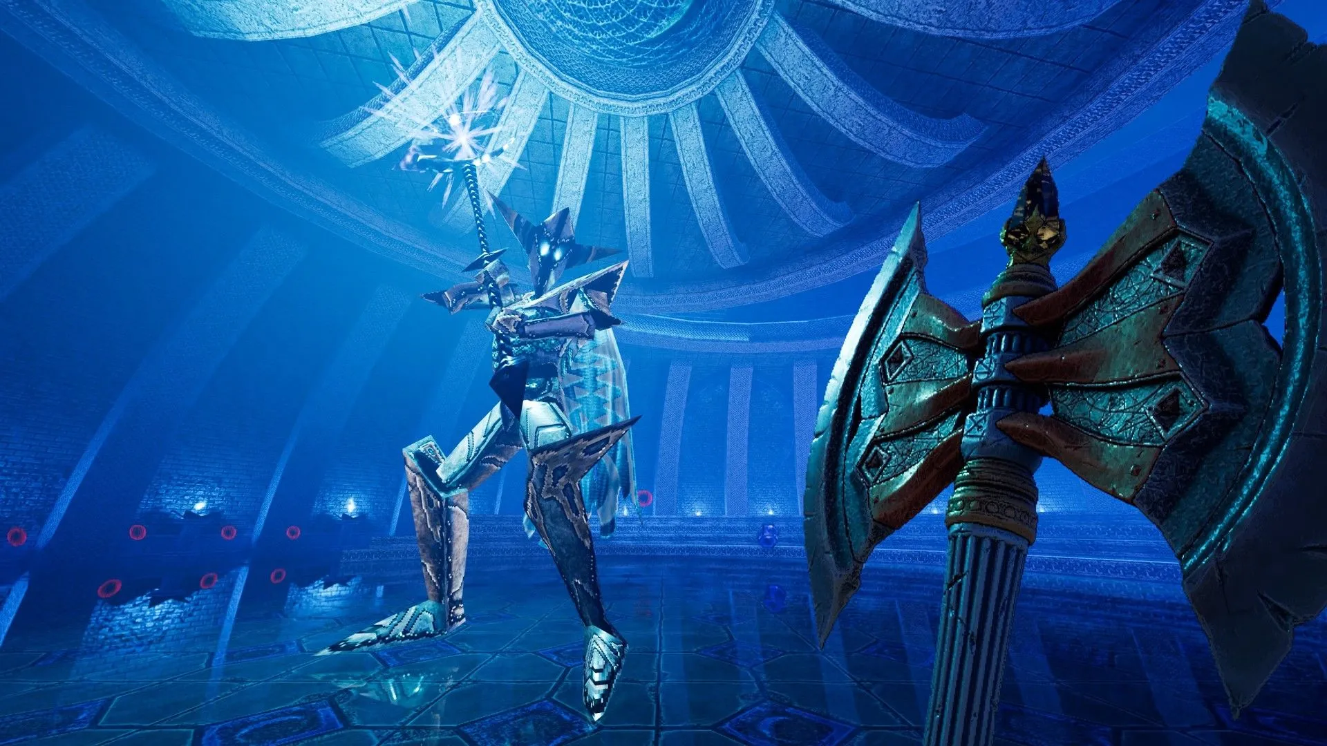 Người chơi trong game Amid Evil đối đầu với kỵ sĩ undead khổng lồ với vũ khí ma thuật