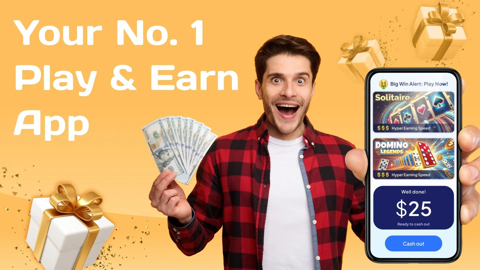 Người đàn ông cầm điện thoại hiển thị ứng dụng Bestplay với thông báo đã thắng 25 đô la
