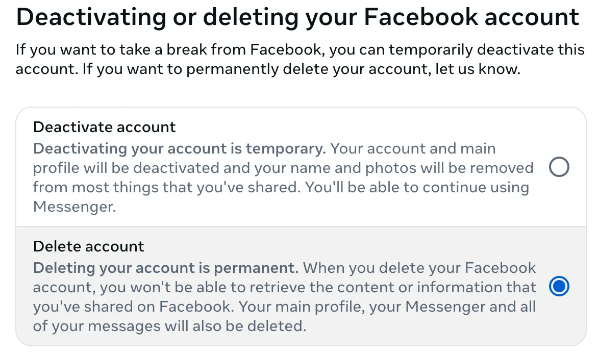 Người dùng chọn &quot;Xóa tài khoản&quot; để bắt đầu quy trình xóa vĩnh viễn tài khoản Facebook