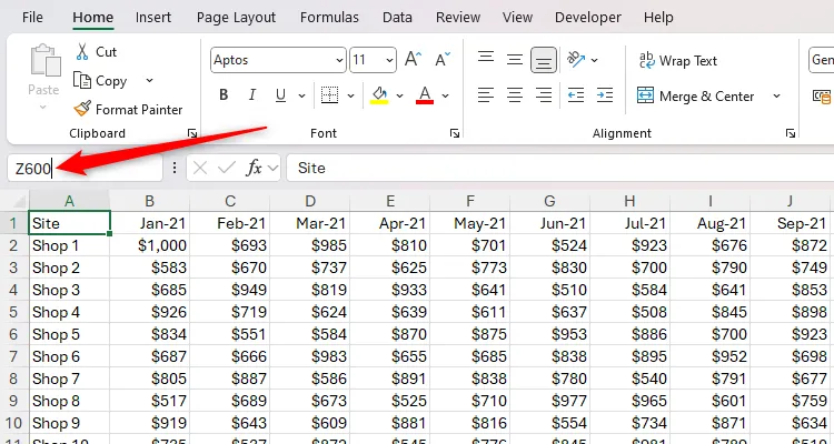 Người dùng nhập tham chiếu ô Z600 vào Name Box để điều hướng nhanh trong Excel