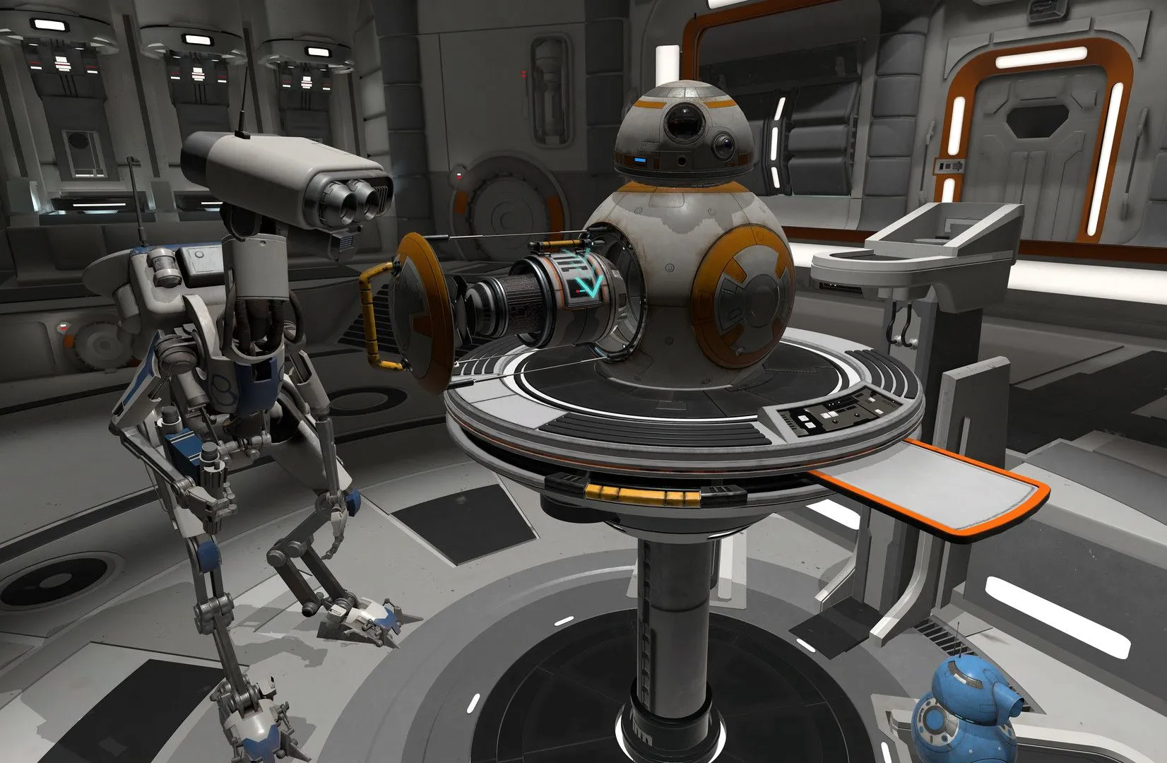 Người máy BB-8 đang được sửa chữa trên bàn trong game VR Star Wars Droid Repair Bay.