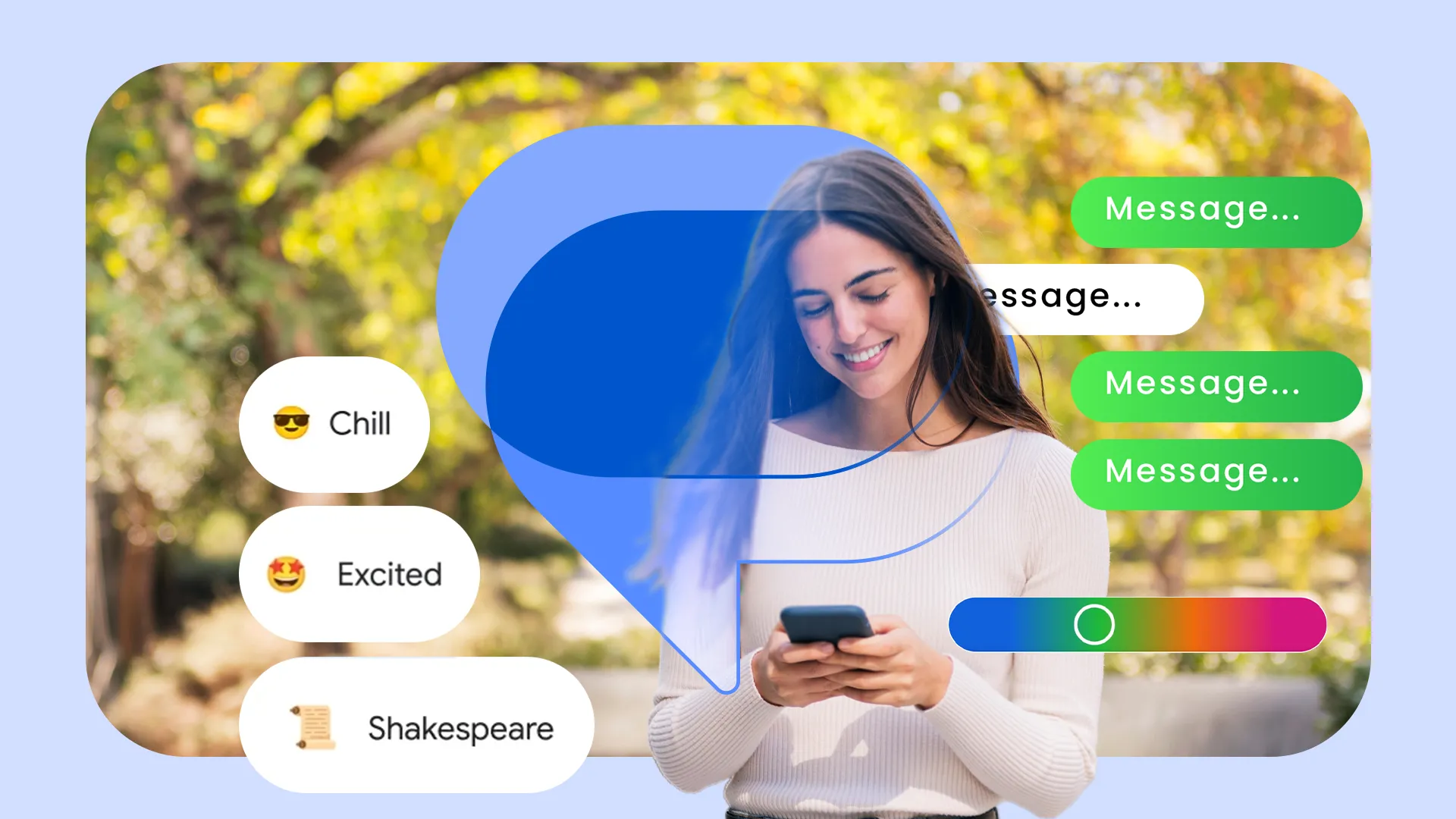 Người phụ nữ đang sử dụng điện thoại, tin nhắn Google Messages hiện rõ trên màn hình, logo Google Messages ở trung tâm.