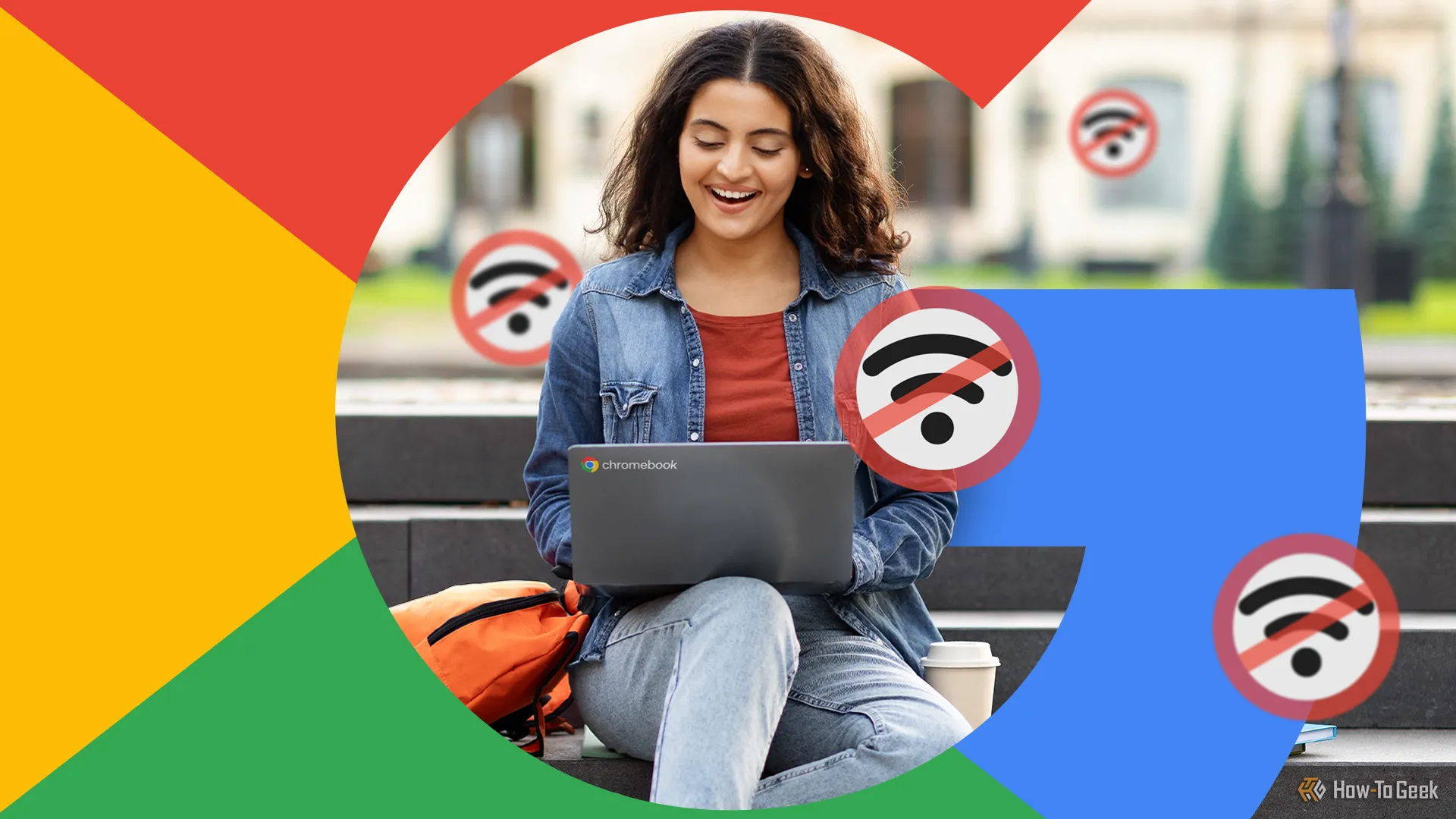 Người phụ nữ sử dụng Chromebook bị lỗi kết nối mạng, tượng trưng cho sự cố Wi-Fi trên Chromebook