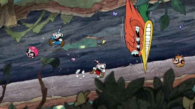 Nhân vật chính của game Cuphead đang đối mặt với trùm, thể hiện lối chơi bullet hell đồ họa độc đáo