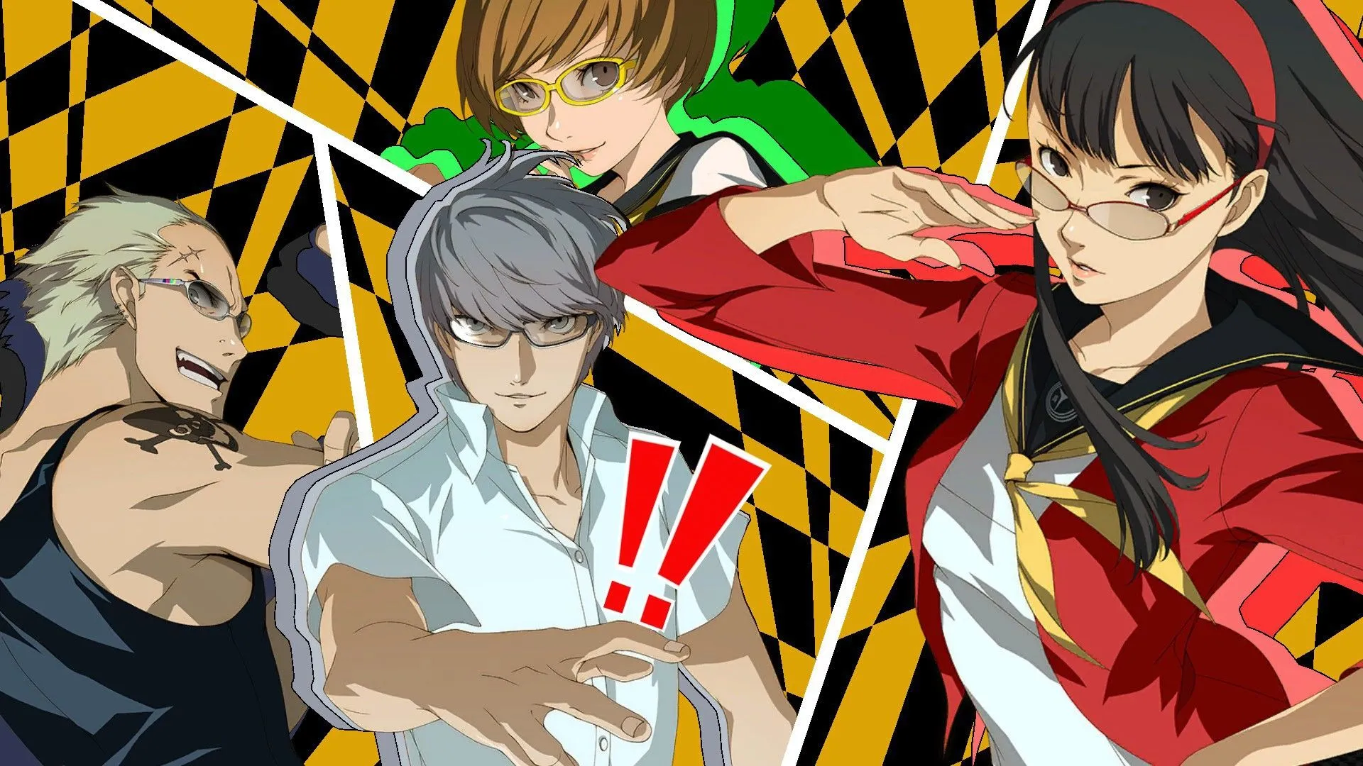 Nhân vật chính cùng ba bạn đồng hành trong Persona 4 Golden, bối cảnh cho các mối quan hệ xã hội và tình cảm đa dạng.