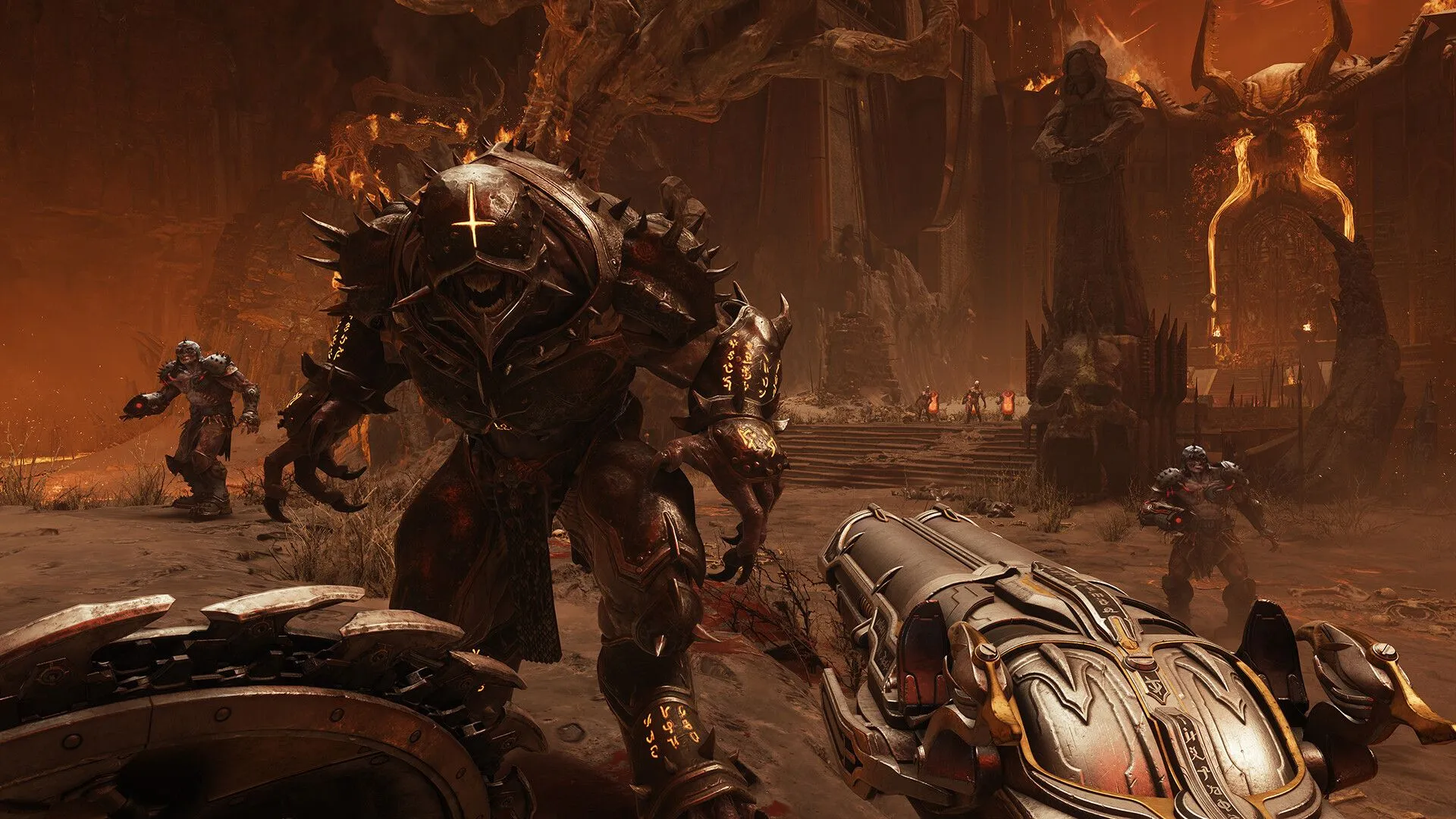 Nhân vật Doom Slayer trong một cảnh chiến đấu, sử dụng vũ khí cận chiến.