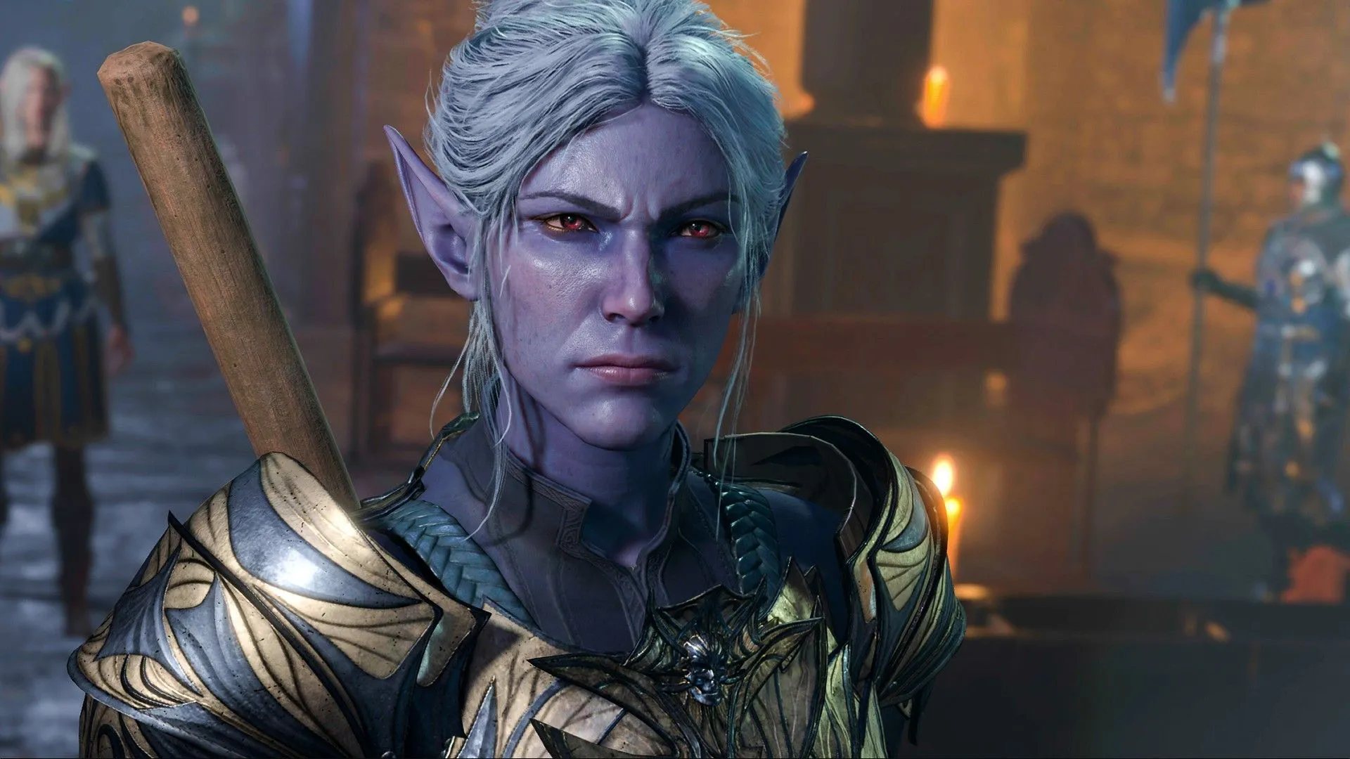 Nhân vật elf Drow Minthara với biểu cảm giận dữ trong Baldur's Gate 3, một trong những bạn đồng hành có thể thiết lập mối quan hệ lãng mạn phức tạp.