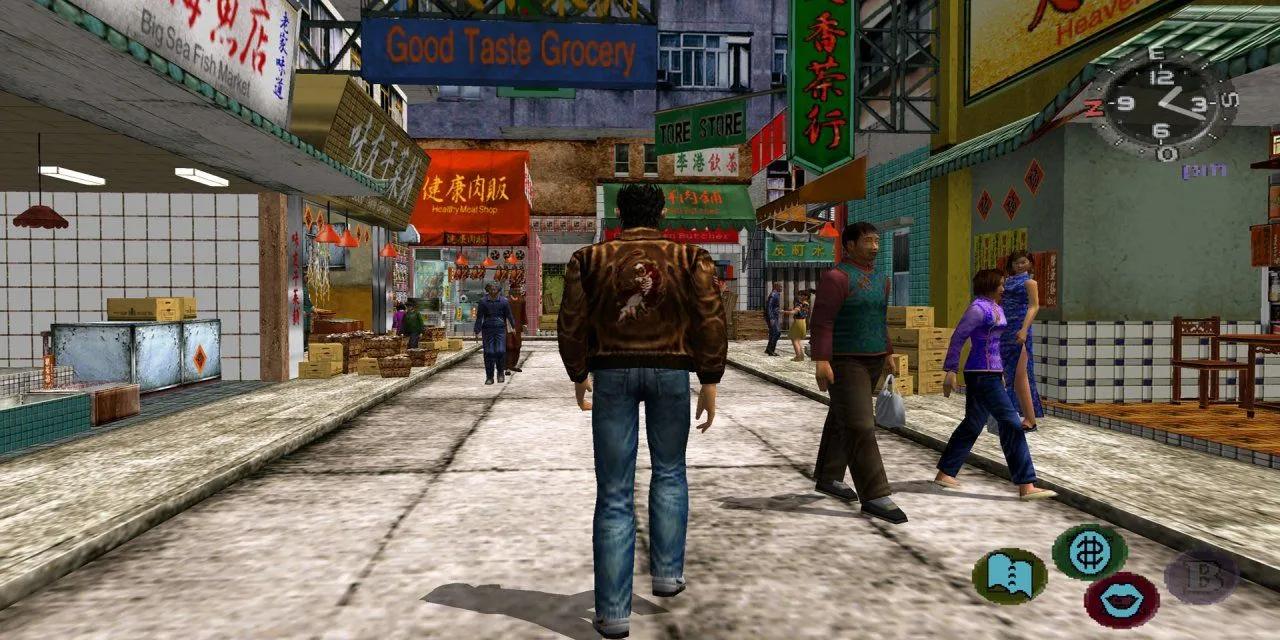 Nhân vật game đang đi trên phố Dobuita trong tựa game Shenmue, ví dụ kinh điển về đồ họa 3D đầu tiên
