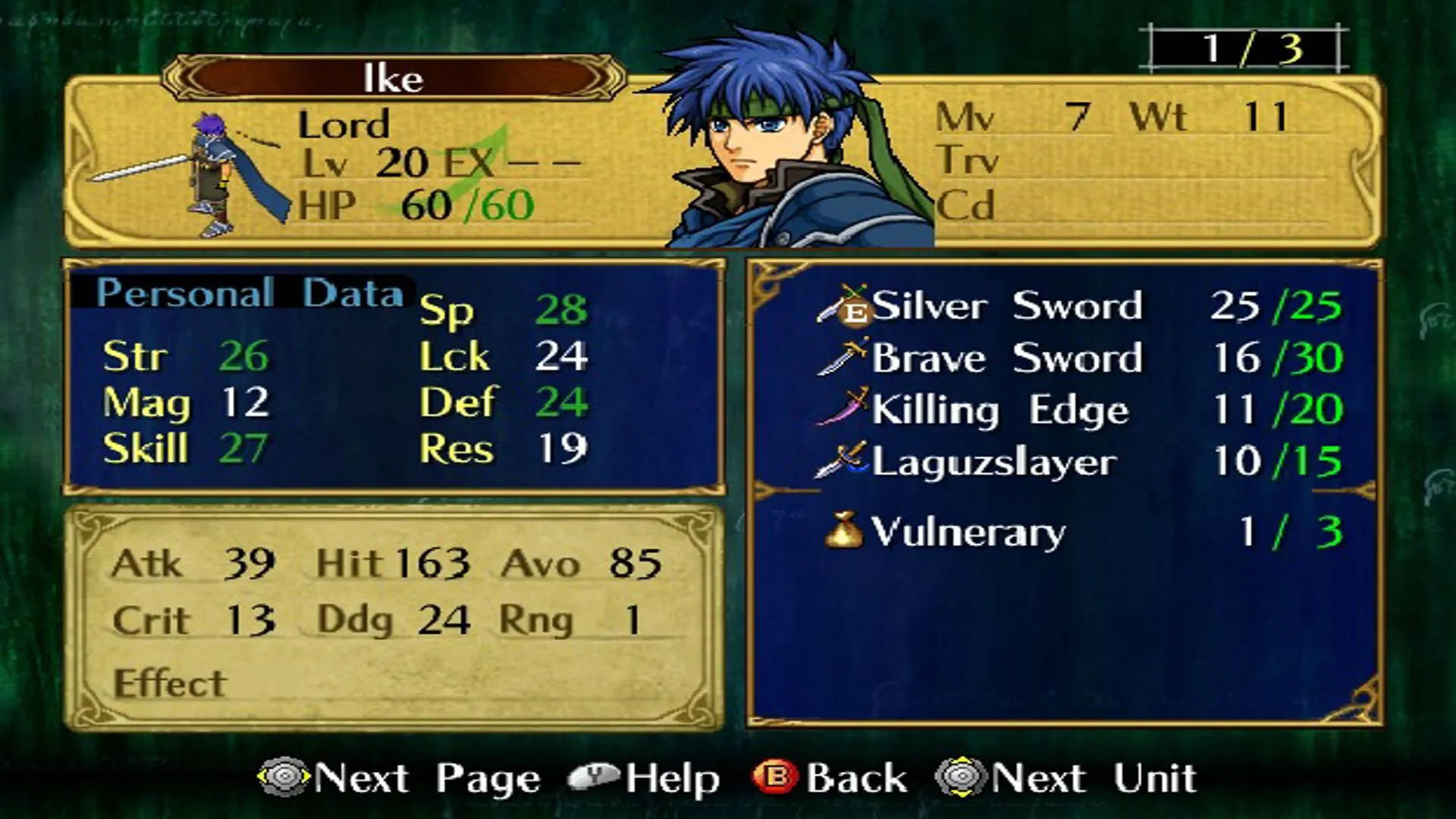 Nhân vật Ike với nhiều chỉ số đã đạt tối đa trong Fire Emblem: Path of Radiance