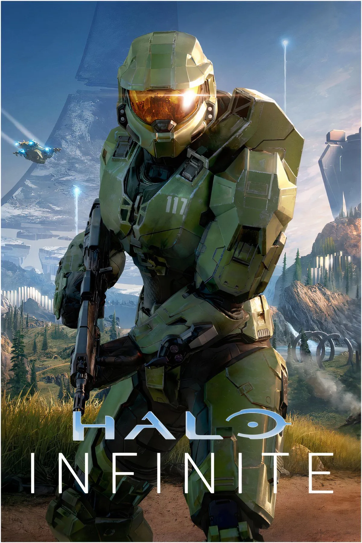 Nhân vật Master Chief trong Halo Infinite với bối cảnh chiến trường rộng lớn, thể hiện đồ họa game