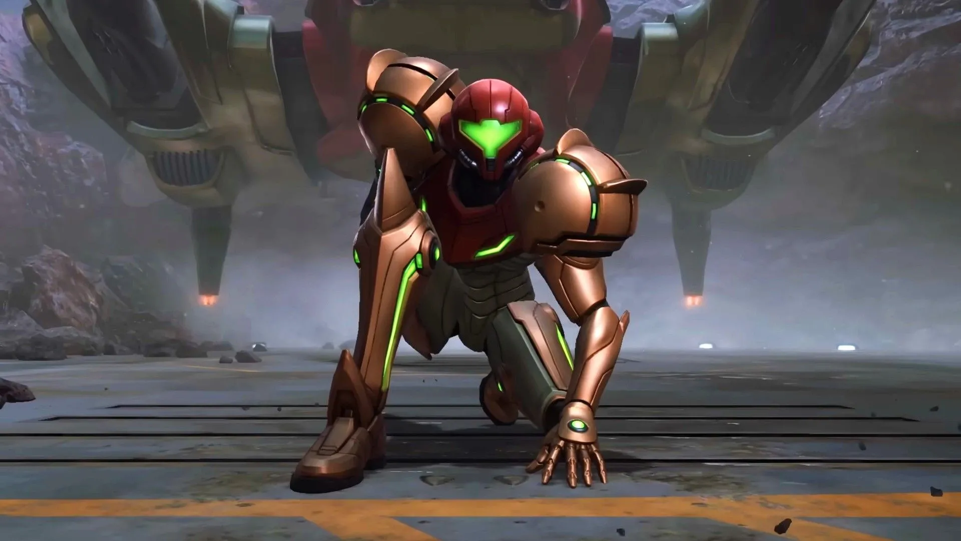 Nhân vật Samus Aran trong game Metroid Prime 4 Beyond trên nền Nintendo Switch