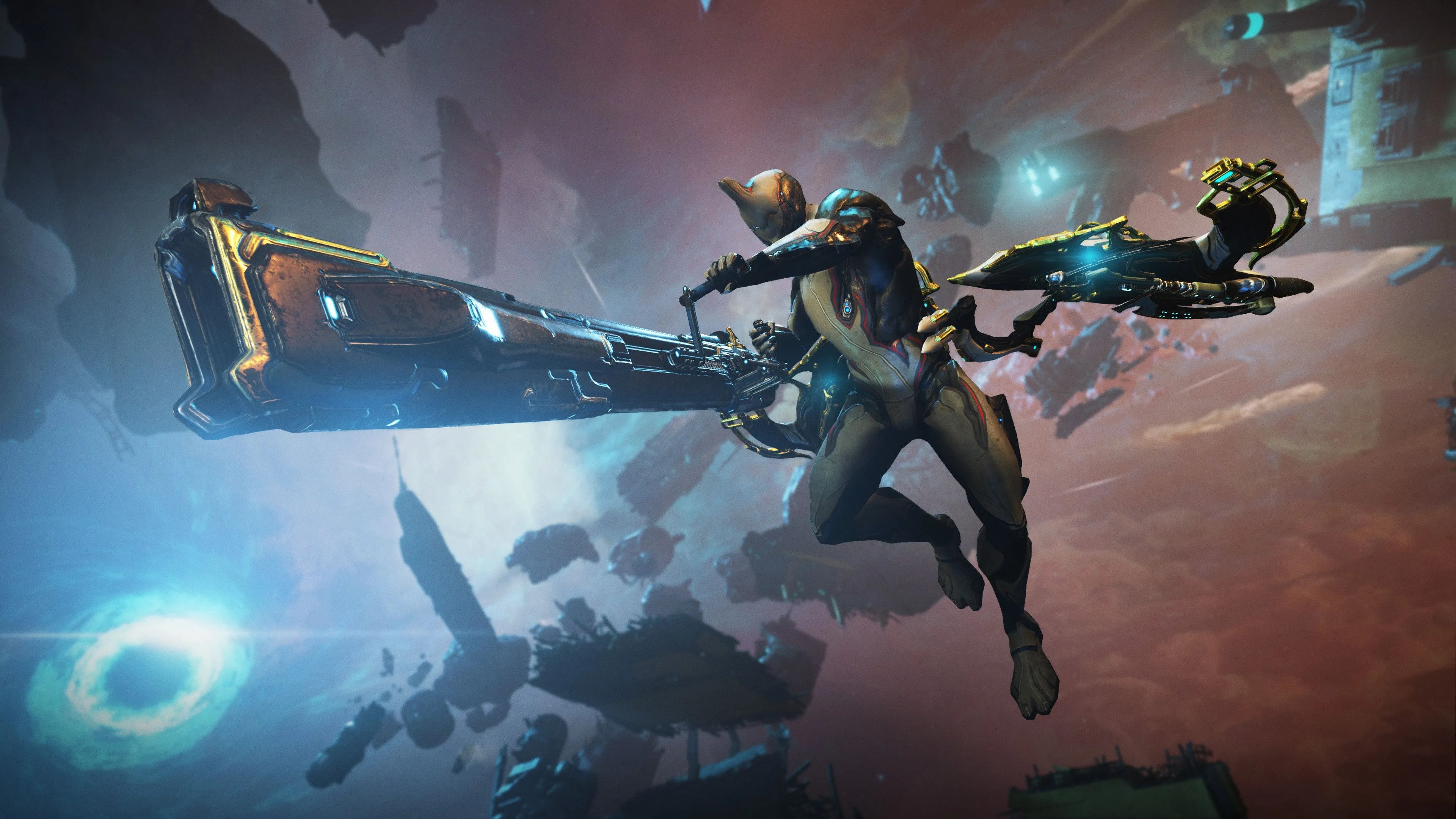 Nhân vật Tenno trong Warframe chiến đấu với kẻ thù trên một bản đồ rộng lớn