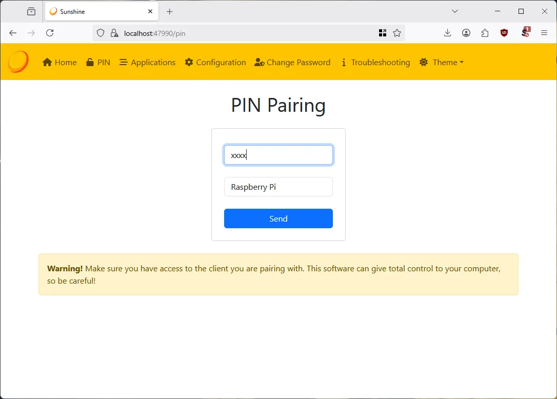 Nhập mã PIN để ghép nối Sunshine với Moonlight thành công