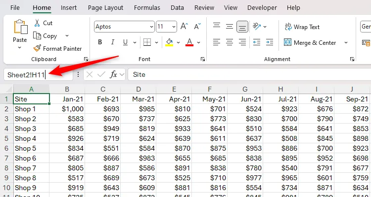 Nhập &quot;Sheet2!H11&quot; vào Name Box để chuyển đến ô H11 của trang tính Sheet2 trong Excel