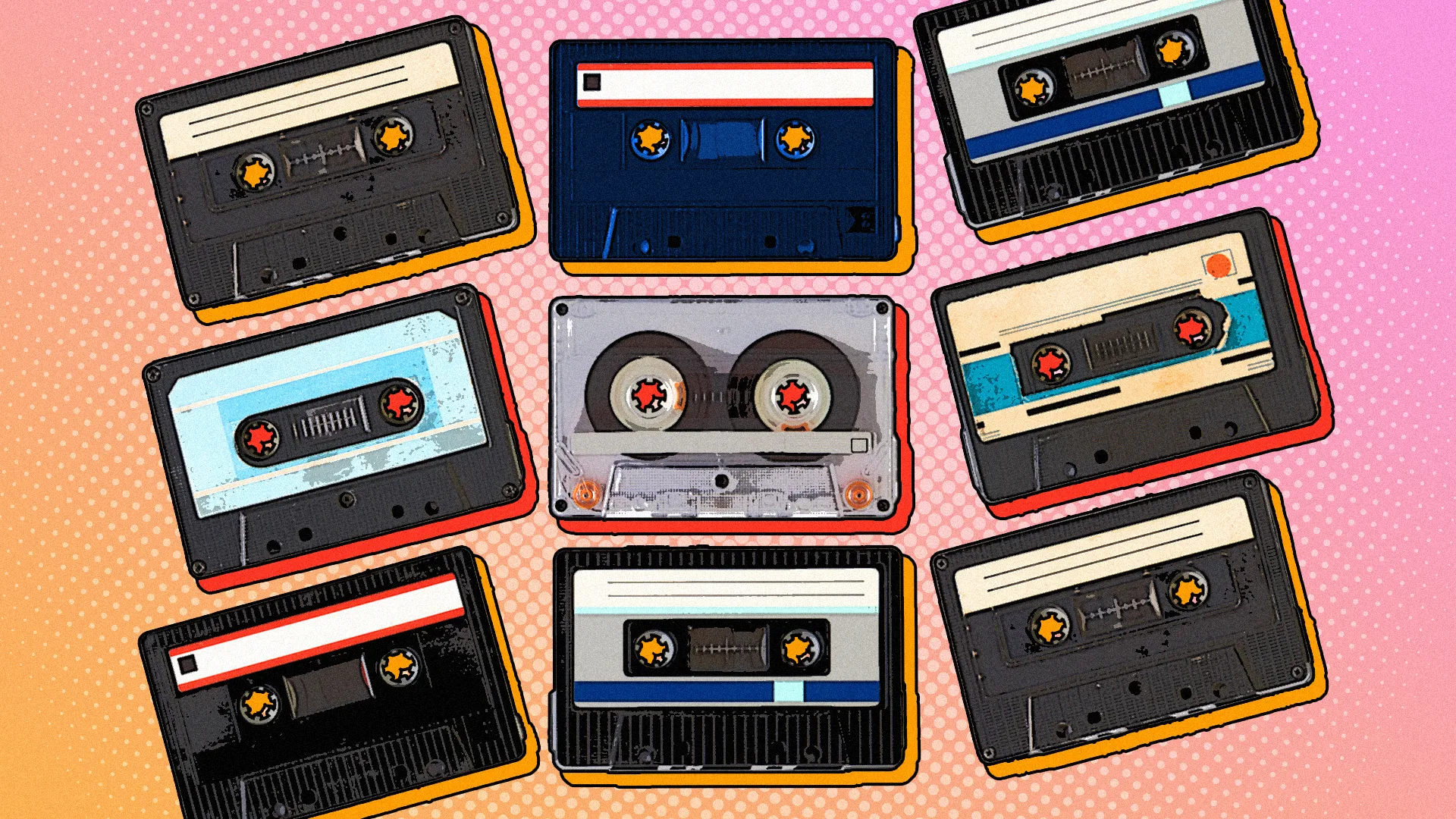 Nhiều băng cassette đặt cạnh nhau theo phong cách cổ điển