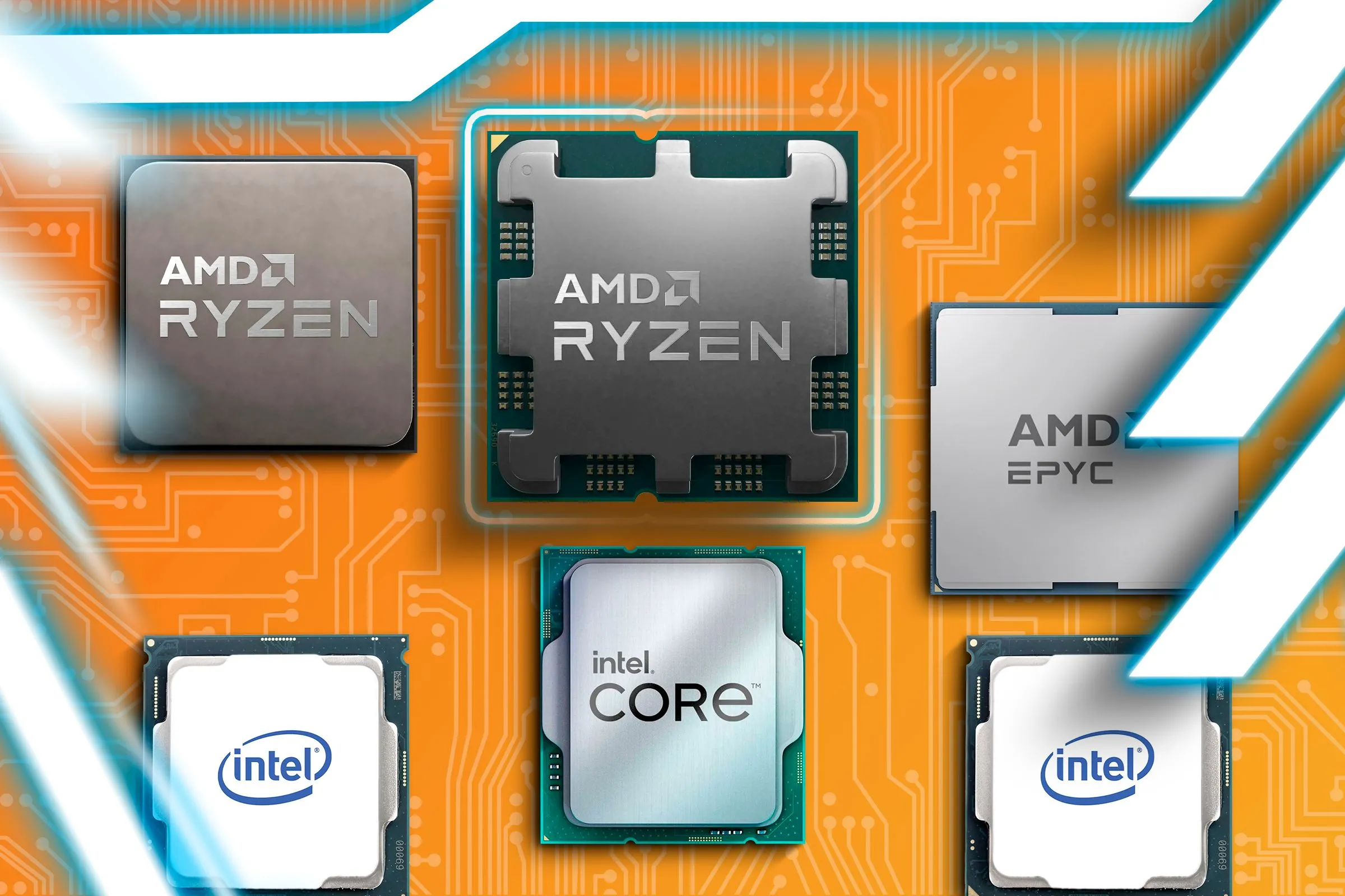 Nhiều bộ vi xử lý (CPU) Intel và AMD với mạch điện tử phía sau, biểu thị các loại CPU phổ thông.