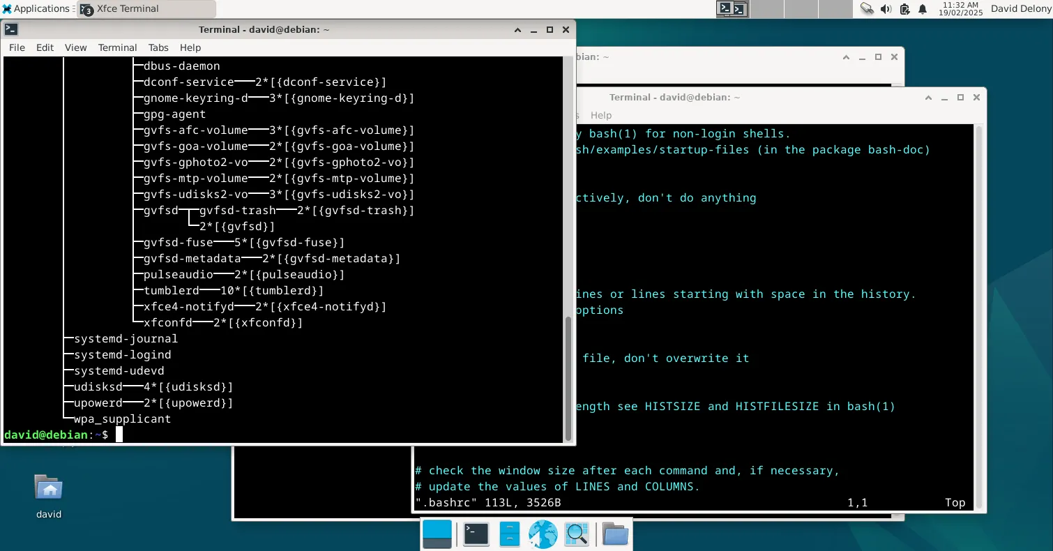 Nhiều cửa sổ terminal đang chạy trên môi trường desktop Debian XFCE, biểu thị sự phổ biến của trình giả lập terminal hiện đại.