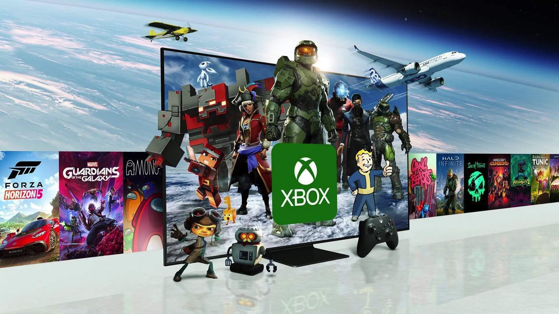 Nhiều tựa game Xbox nổi tiếng, bao gồm Master Chief, được hiển thị trên một chiếc Smart TV Samsung, thể hiện tầm nhìn mở rộng của Xbox ngoài hệ máy console truyền thống thông qua cloud streaming.