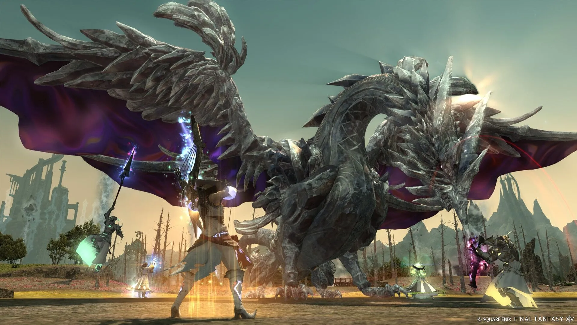Nhóm nhân vật Final Fantasy XIV chiến đấu trong một môi trường đẹp mắt