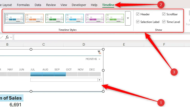 Nhóm Timeline Styles và Show trong tab Timeline của Excel, cho phép tùy chỉnh giao diện bộ lọc thời gian